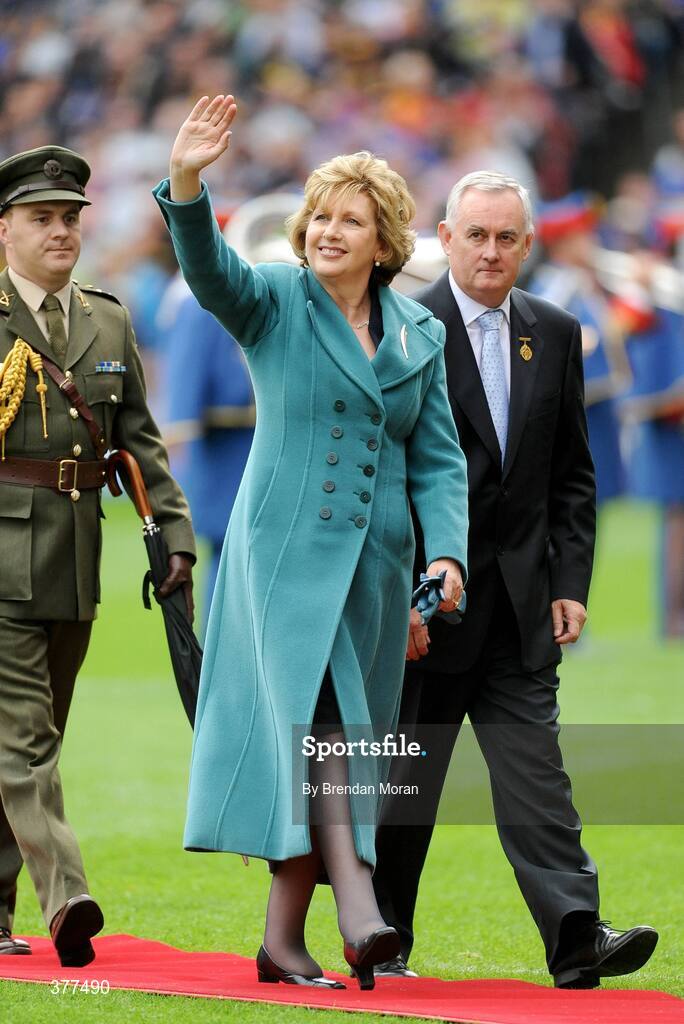 6 September 2009; President Mary McAleese, accompanied by Uachtarán Chumann Lúthchleas Gael Criostóir Ó Cuana, waves to the crowd after meeting the teams before the game. GAA Hurling All-Ireland Senior Championship Final, Kilkenny v Tipperary, Croke Park, Dublin. Picture credit: Brendan Moran / SPORTSFILE