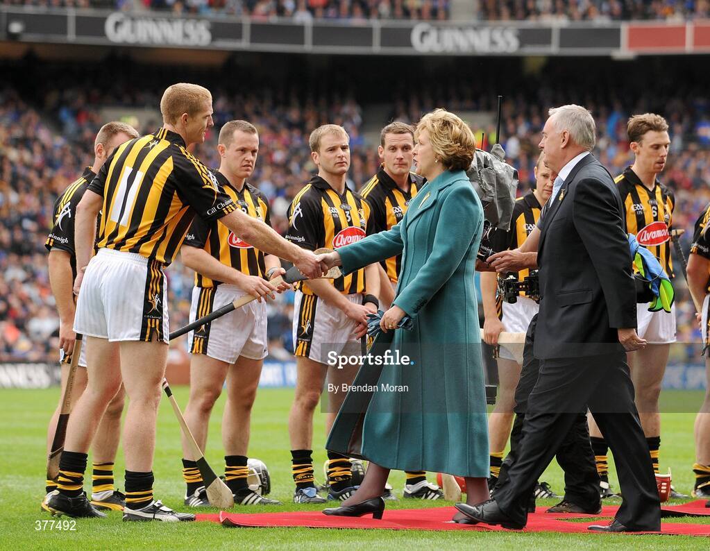6 September 2009; President Mary McAleese, accompanied by Uachtarán Chumann Lúthchleas Gael Criostóir Ó Cuana, shakes hands with Kilkenny captain Henry Shefflin before meeting the rest of the Kilkenny team. GAA Hurling All-Ireland Senior Championship Final, Kilkenny v Tipperary, Croke Park, Dublin. Picture credit: Brendan Moran / SPORTSFILE