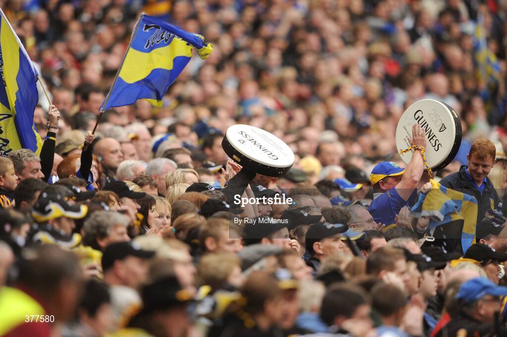 6 September 2009; Supporters from both sides cheer on their teams. GAA Hurling All-Ireland Senior Championship Final, Kilkenny v Tipperary, Croke Park, Dublin. Picture credit: Ray McManus / SPORTSFILE