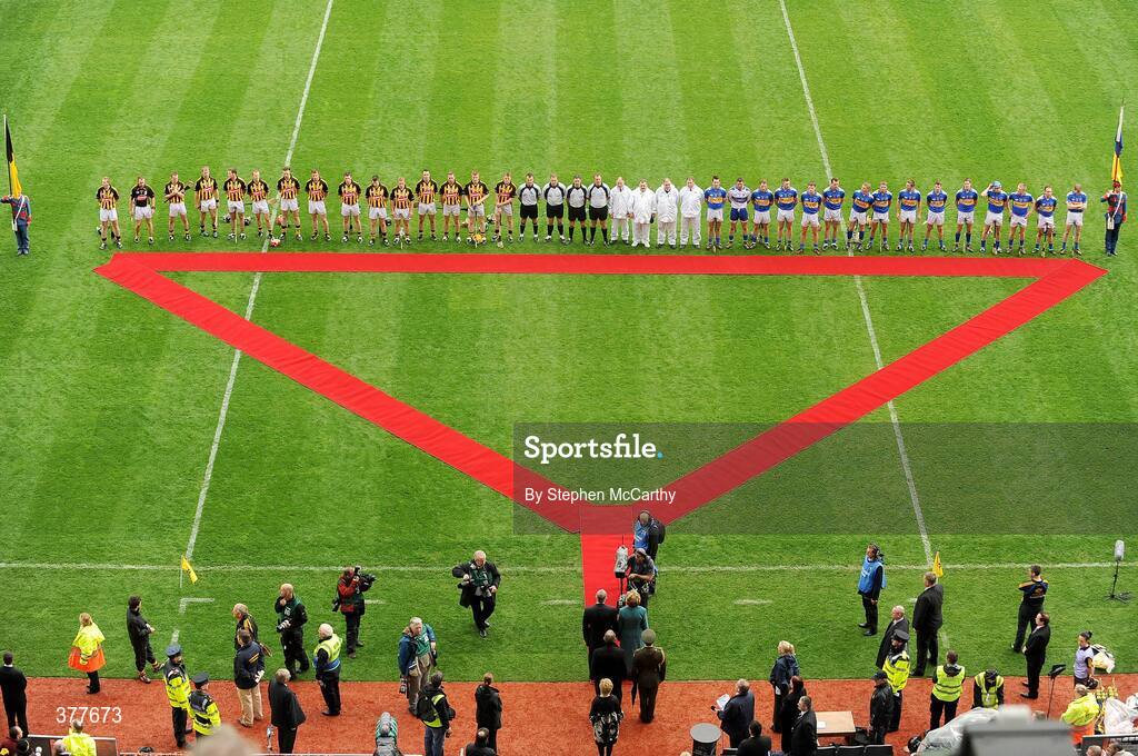 6 September 2009; The teams and match officials await to meet The President of Ireland Mary McAleese and Uachtarán Chumann Lúthchleas Gael Criostóir Ó Cuana. GAA Hurling All-Ireland Senior Championship Final, Kilkenny v Tipperary, Croke Park, Dublin. Picture credit: Stephen McCarthy / SPORTSFILE
