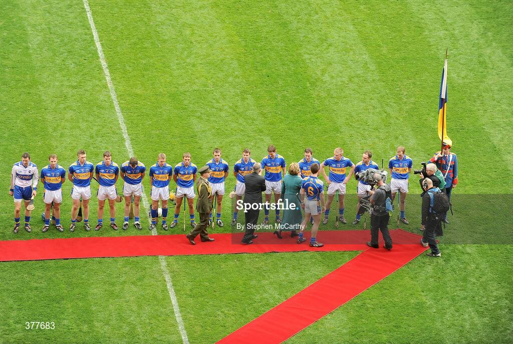 6 September 2009; The President of Ireland Mary McAleese and Uachtarán Chumann Lúthchleas Gael Criostóir Ó Cuana are introduced to the Tipperary team. GAA Hurling All-Ireland Senior Championship Final, Kilkenny v Tipperary, Croke Park, Dublin. Picture credit: Stephen McCarthy / SPORTSFILE