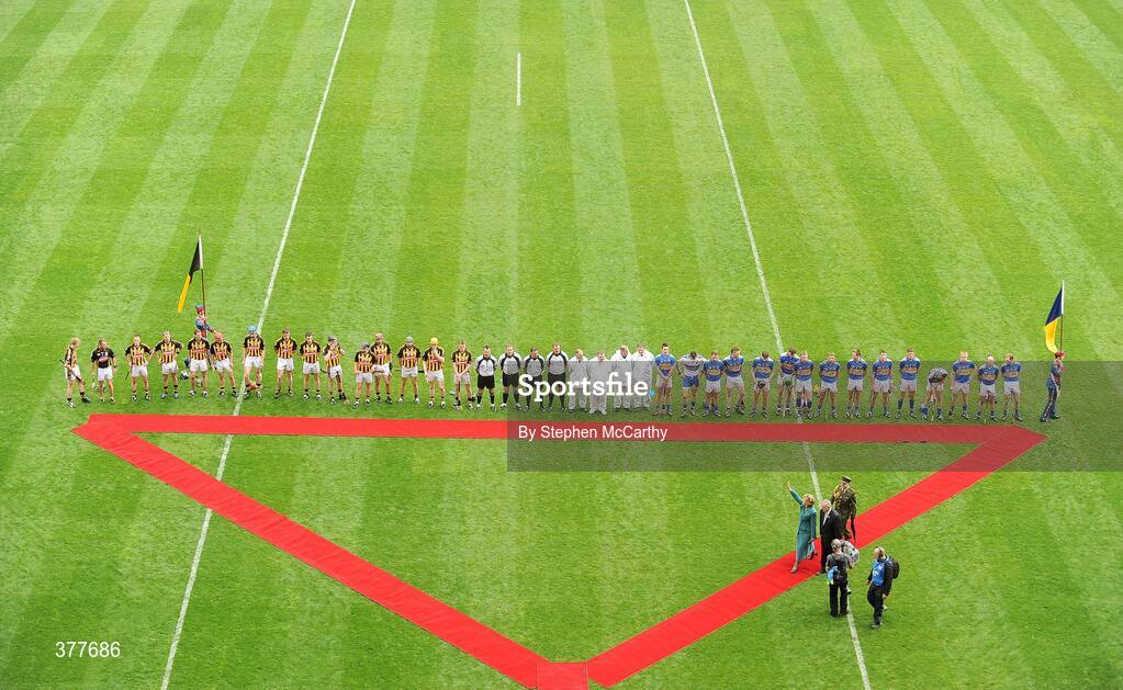 6 September 2009; The President of Ireland Mary McAleese and Uachtarán Chumann Lúthchleas Gael Criostóir Ó Cuana leave the pitch after being introduced to the teams and match officials. GAA Hurling All-Ireland Senior Championship Final, Kilkenny v Tipperary, Croke Park, Dublin. Picture credit: Stephen McCarthy / SPORTSFILE