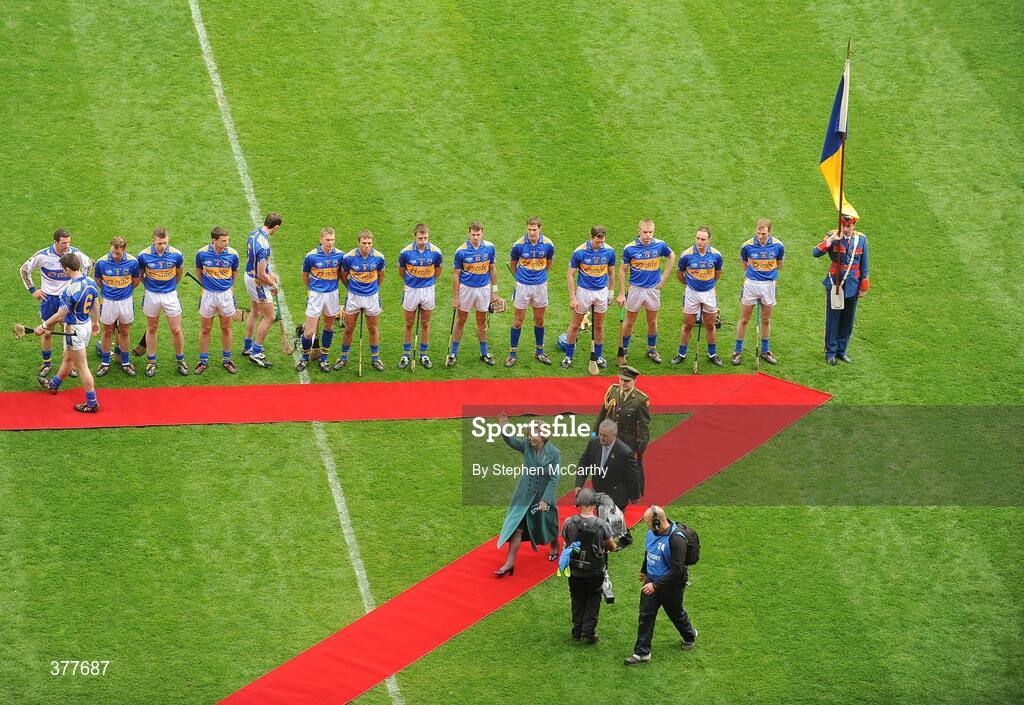 6 September 2009; The President of Ireland Mary McAleese and Uachtarán Chumann Lúthchleas Gael Criostóir Ó Cuana leave the pitch after being introduced to the Tipperary team. GAA Hurling All-Ireland Senior Championship Final, Kilkenny v Tipperary, Croke Park, Dublin. Picture credit: Stephen McCarthy / SPORTSFILE