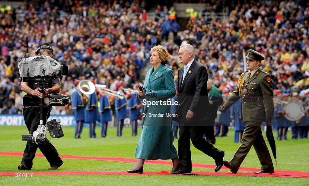 6 September 2009; President Mary McAleese, accompanied by Uachtarán Chumann Lúthchleas Gael Criostóir Ó Cuana, makes her way along the red carpet to meet the teams and match officials before the game. GAA Hurling All-Ireland Senior Championship Final, Kilkenny v Tipperary, Croke Park, Dublin. Picture credit: Brendan Moran / SPORTSFILE