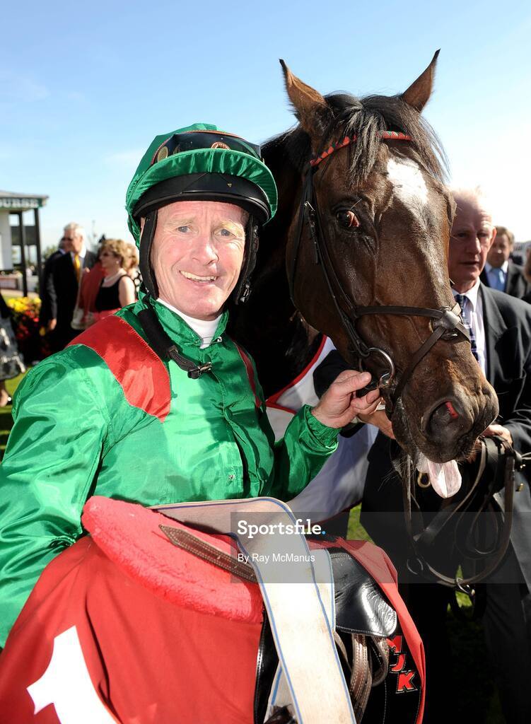 12 September 2009; Jockey Mick Kinane with Alandi after winning The Irish Field St Leger. The Curragh Racecourse, Co. Kildare. Picture credit: Ray McManus / SPORTSFILE