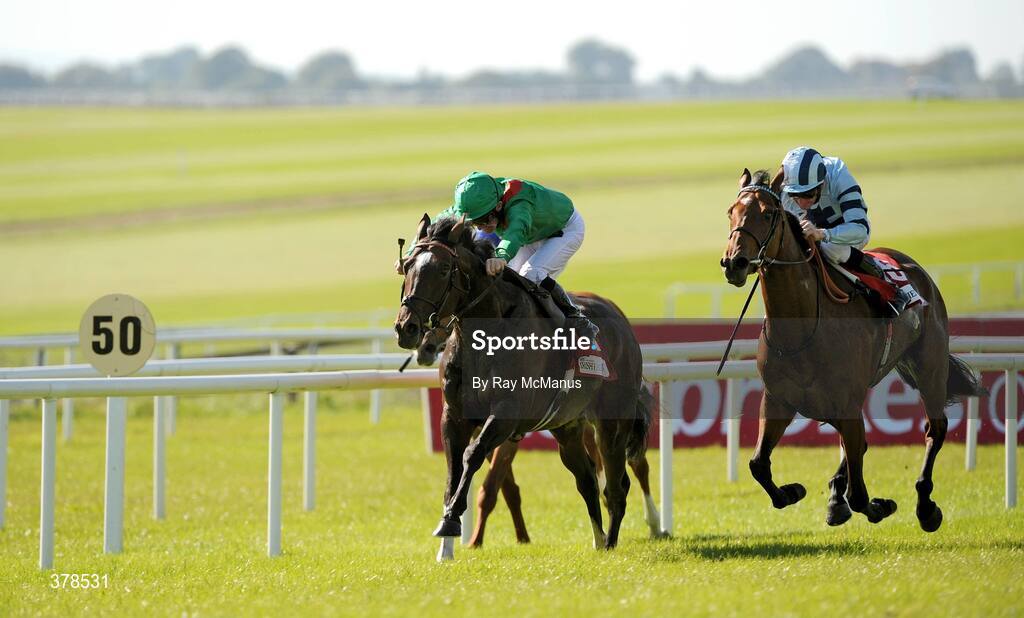 12 September 2009; Alandi, with Mick Kinane up, on their way to winning The Irish Field St Leger from Clowance, Kevin manning up. The Curragh Racecourse, Co. Kildare. Picture credit: Ray McManus / SPORTSFILE