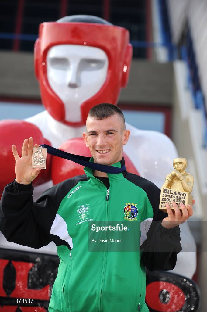 12 September 2009; John Joe Nevin, Ireland, celebrates with his bronze medal following his defeat to Eduard Abzalimov, Russia, in their 54kg Bantamweight Semi-Final. AIBA World Boxing Championships, Final, Assago, Milan, Italy. Picture credit: David Maher / SPORTSFILE