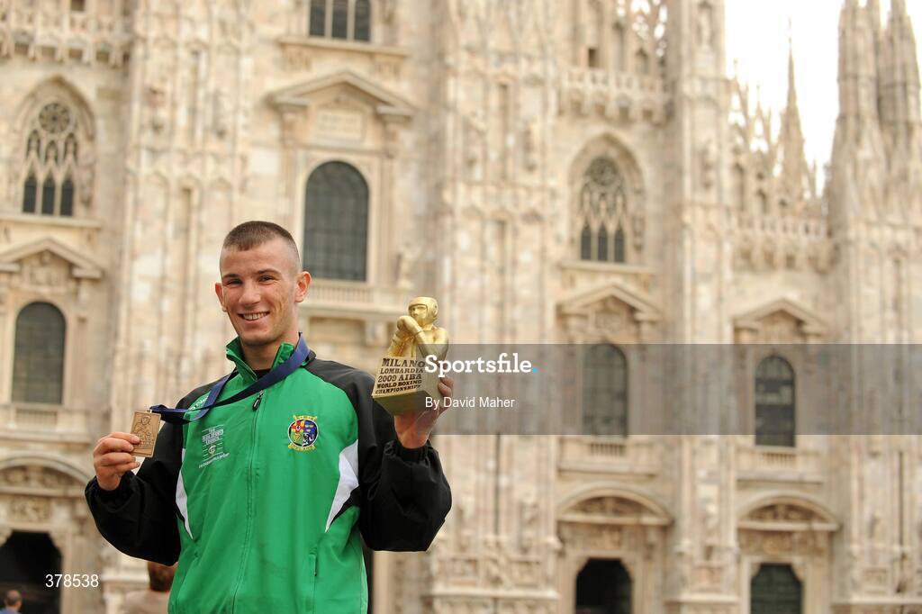 12 September 2009; John Joe Nevin, Ireland, celebrates with his bronze medal outside Milan Cathedral, following his defeat to Eduard Abzalimov, Russia, in their 54kg Bantamweight Semi-Final. AIBA World Boxing Championships, Final, Assago, Milan, Italy. Picture credit: David Maher / SPORTSFILE