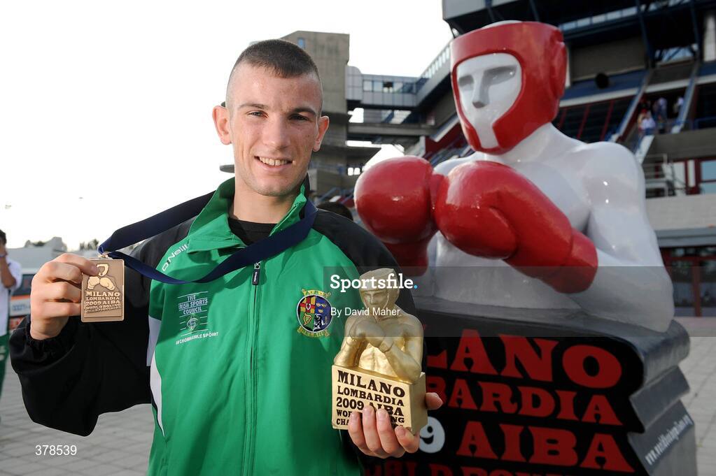 12 September 2009; John Joe Nevin, Ireland, celebrates with his bronze medal following his defeat to Eduard Abzalimov, Russia, in their 54kg Bantamweight Semi-Final. AIBA World Boxing Championships, Final, Assago, Milan, Italy. Picture credit: David Maher / SPORTSFILE
