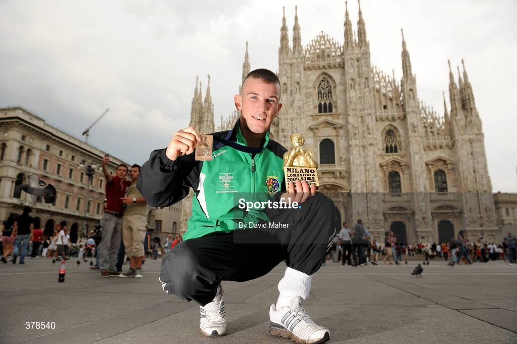 12 September 2009; John Joe Nevin, Ireland, celebrates with his bronze medal outside Milan Cathedral, following his defeat to Eduard Abzalimov, Russia, in their 54kg Bantamweight Semi-Final. AIBA World Boxing Championships, Final, Assago, Milan, Italy. Picture credit: David Maher / SPORTSFILE
