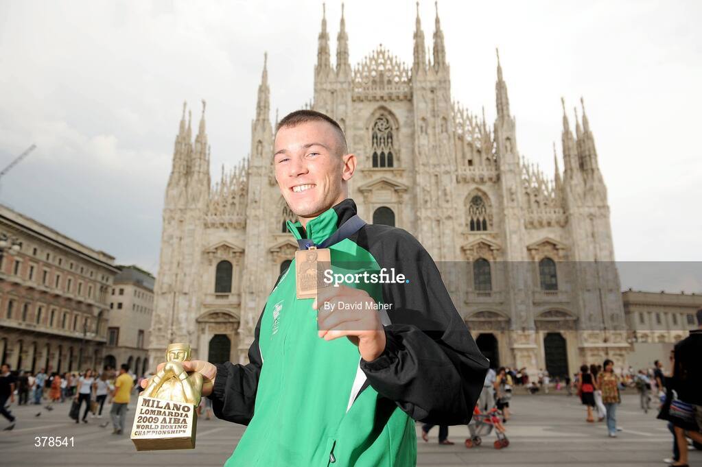 12 September 2009; John Joe Nevin, Ireland, celebrates with his bronze medal outside Milan Cathedral, following his defeat to Eduard Abzalimov, Russia, in their 54kg Bantamweight Semi-Final. AIBA World Boxing Championships, Final, Assago, Milan, Italy. Picture credit: David Maher / SPORTSFILE