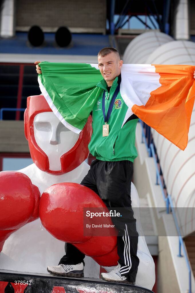 12 September 2009; John Joe Nevin, Ireland, celebrates after being presented with his bronze medal following his defeat to Eduard Abzalimov, Russia, in their 54kg Bantamweight Semi-Final. AIBA World Boxing Championships, Final, Assago, Milan, Italy. Picture credit: David Maher / SPORTSFILE