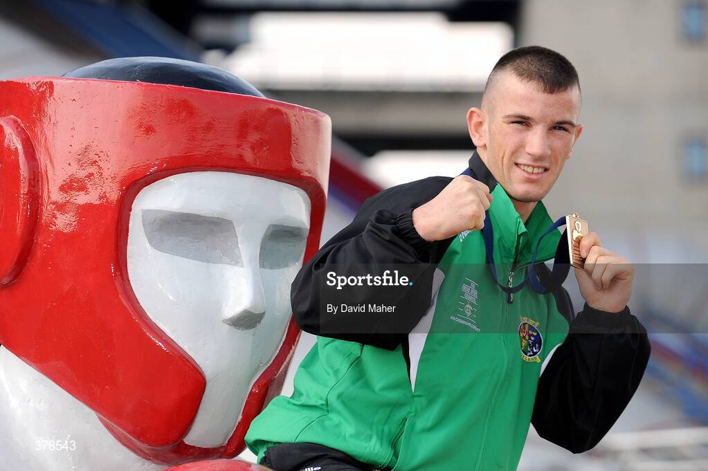 12 September 2009; John Joe Nevin, Ireland, celebrates with his bronze medal following his defeat to Eduard Abzalimov, Russia, in their 54kg Bantamweight Semi-Final. AIBA World Boxing Championships, Final, Assago, Milan, Italy. Picture credit: David Maher / SPORTSFILE