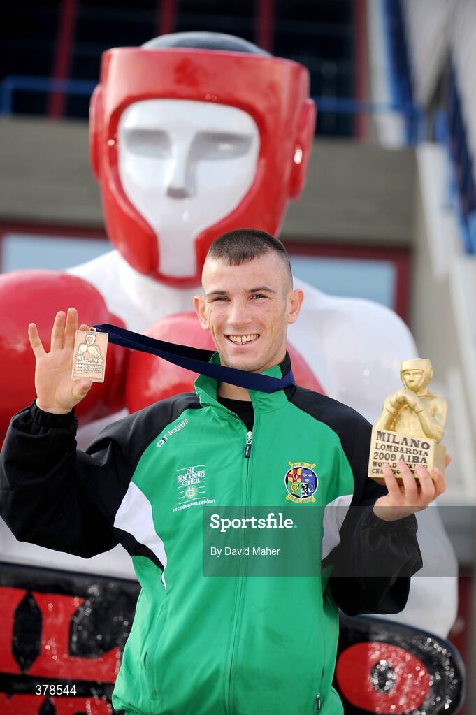 12 September 2009; John Joe Nevin, Ireland, celebrates with his bronze medal following his defeat to Eduard Abzalimov, Russia, in their 54kg Bantamweight Semi-Final. AIBA World Boxing Championships, Final, Assago, Milan, Italy. Picture credit: David Maher / SPORTSFILE