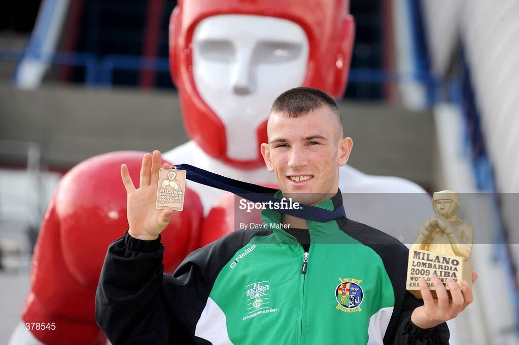 12 September 2009; John Joe Nevin, Ireland, celebrates with his bronze medal following his defeat to Eduard Abzalimov, Russia, in their 54kg Bantamweight Semi-Final. AIBA World Boxing Championships, Final, Assago, Milan, Italy. Picture credit: David Maher / SPORTSFILE