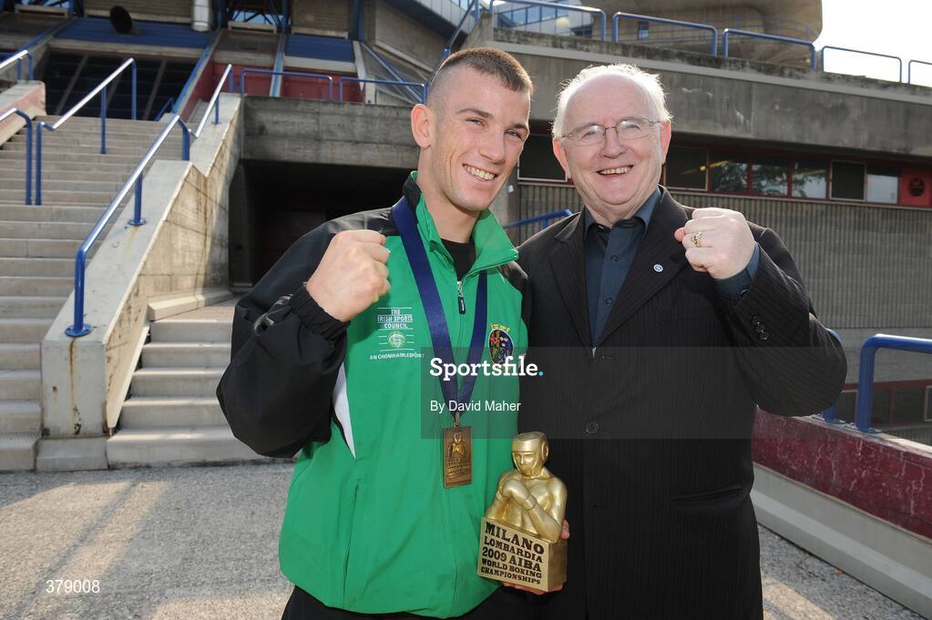 12 September 2009; John Joe Nevin, Ireland, celebrates with RTE commentator Jimmy Magee after been presented with a bronze medal after defeat to Eduard Abzalimov, Russia, in the semi Final of the bantamweight 54kg bout. AIBA World Boxing Championships, Final, Assago, Milan, Italy. Picture credit: David Maher / SPORTSFILE *** Local Caption *** g