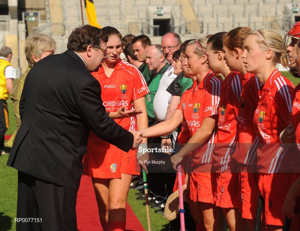 13 September 2009; President of the Camogie Association Joan O'Flynn and An Taoiseach Brian Cowen T.D. meet the teams before the Gala All-Ireland Camogie Championship Finals. Croke Park, Dublin. Picture credit: Pat Murphy / SPORTSFILE
