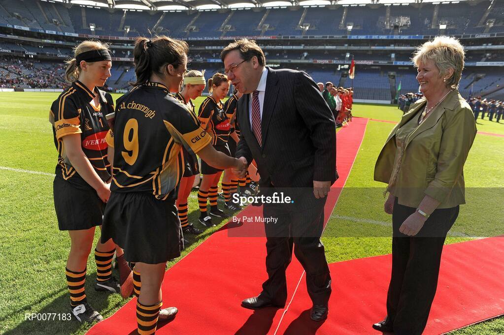 13 September 2009; President of the Camogie Association Joan O'Flynn and An Taoiseach Brian Cowen T.D. meet the teams before the Gala All-Ireland Camogie Championship Finals. Croke Park, Dublin. Picture credit: Pat Murphy / SPORTSFILE