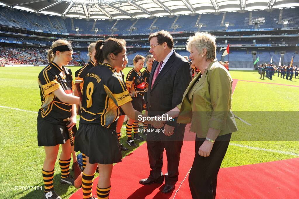 13 September 2009; President of the Camogie Association Joan O'Flynn and An Taoiseach Brian Cowen T.D. meet the teams before the Gala All-Ireland Camogie Championship Finals. Croke Park, Dublin. Picture credit: Pat Murphy / SPORTSFILE