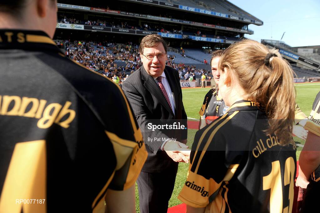 13 September 2009; President of the Camogie Association Joan O'Flynn and An Taoiseach Brian Cowen T.D. meet the teams before the Gala All-Ireland Camogie Championship Finals. Croke Park, Dublin. Picture credit: Pat Murphy / SPORTSFILE