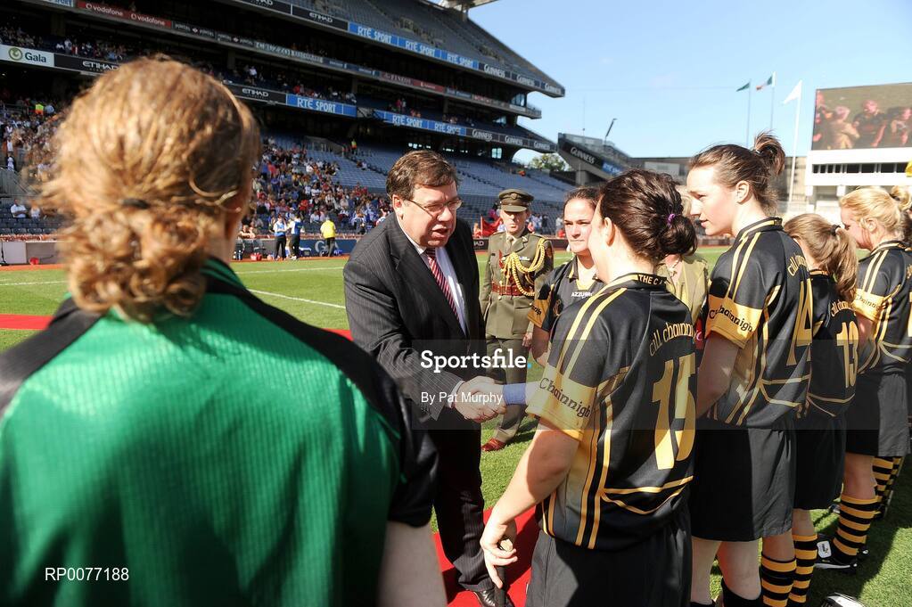 13 September 2009; President of the Camogie Association Joan O'Flynn and An Taoiseach Brian Cowen T.D. meet the teams before the Gala All-Ireland Camogie Championship Finals. Croke Park, Dublin. Picture credit: Pat Murphy / SPORTSFILE