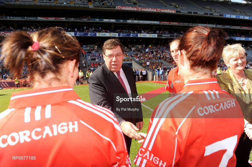 13 September 2009; President of the Camogie Association Joan O'Flynn and An Taoiseach Brian Cowen T.D. meet the teams before the Gala All-Ireland Camogie Championship Finals. Croke Park, Dublin. Picture credit: Pat Murphy / SPORTSFILE