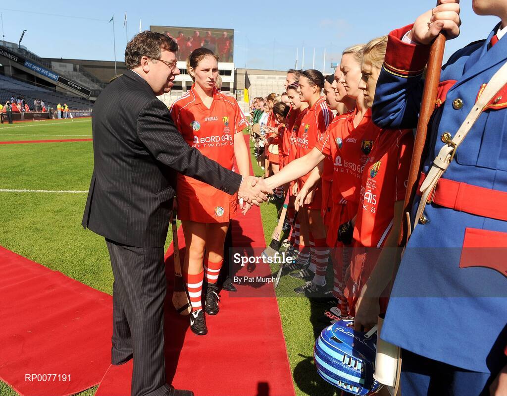 13 September 2009; President of the Camogie Association Joan O'Flynn and An Taoiseach Brian Cowen T.D. meet the teams before the Gala All-Ireland Camogie Championship Finals. Croke Park, Dublin. Picture credit: Pat Murphy / SPORTSFILE