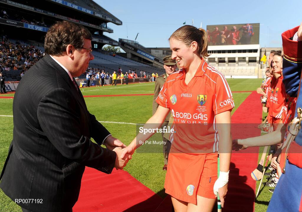 13 September 2009; President of the Camogie Association Joan O'Flynn and An Taoiseach Brian Cowen T.D. meet the teams before the Gala All-Ireland Camogie Championship Finals. Croke Park, Dublin. Picture credit: Pat Murphy / SPORTSFILE