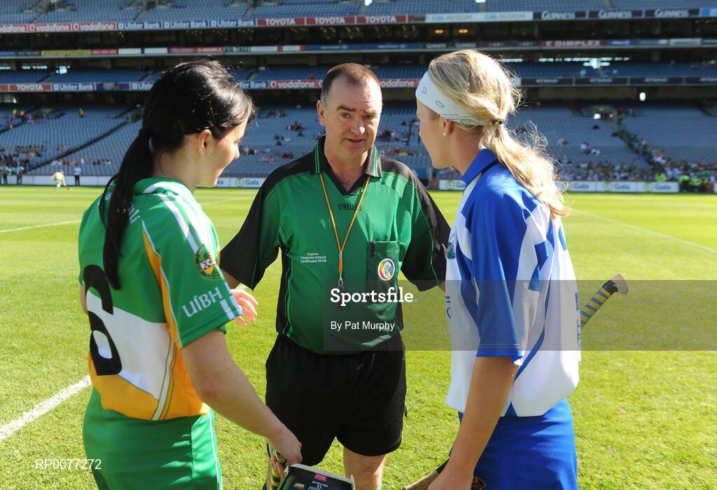 13 September 2009; Referee Pat Walsh talks to Offaly captain Marion Crean, left, and Waterford captain Sally O'Grady before the Gala All-Ireland Junior Camogie Championship Final. Offaly v Waterford. Croke Park, Dublin. Picture credit: Pat Murphy / SPORTSFILE