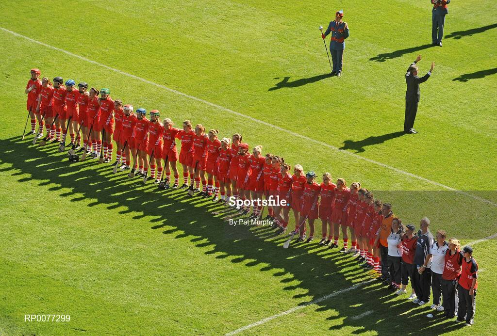 13 September 2009; The Cork team and backroom staff stand for the national anthem before the Gala All-Ireland Senior Camogie Championship Final, Cork v Kilkenny. Croke Park, Dublin. Picture credit: Pat Murphy / SPORTSFILE