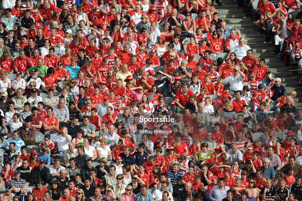 23 August 2009; Tyrone and Cork supporters watch the game. GAA Football All-Ireland Senior Championship Semi-Final, Tyrone v Cork, Croke Park, Dublin. Picture credit: Ray McManus / SPORTSFILE