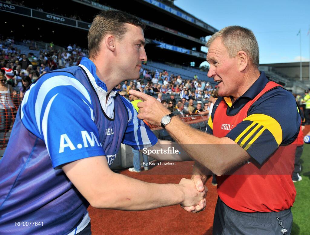 13 September 2009; Offaly manager Joachim Kelly shakes hands with Waterford manager Andy Moloney after the match. Gala All-Ireland Junior Camogie Championship Final, Offaly v Waterford, Croke Park, Dublin. Picture credit: Brian Lawless / SPORTSFILE