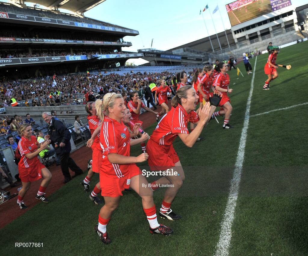 13 September 2009; Cork players run onto the pitch at the final whistle. Gala All-Ireland Senior Camogie Championship Final, Cork v Kilkenny, Croke Park, Dublin. Picture credit: Brian Lawless / SPORTSFILE