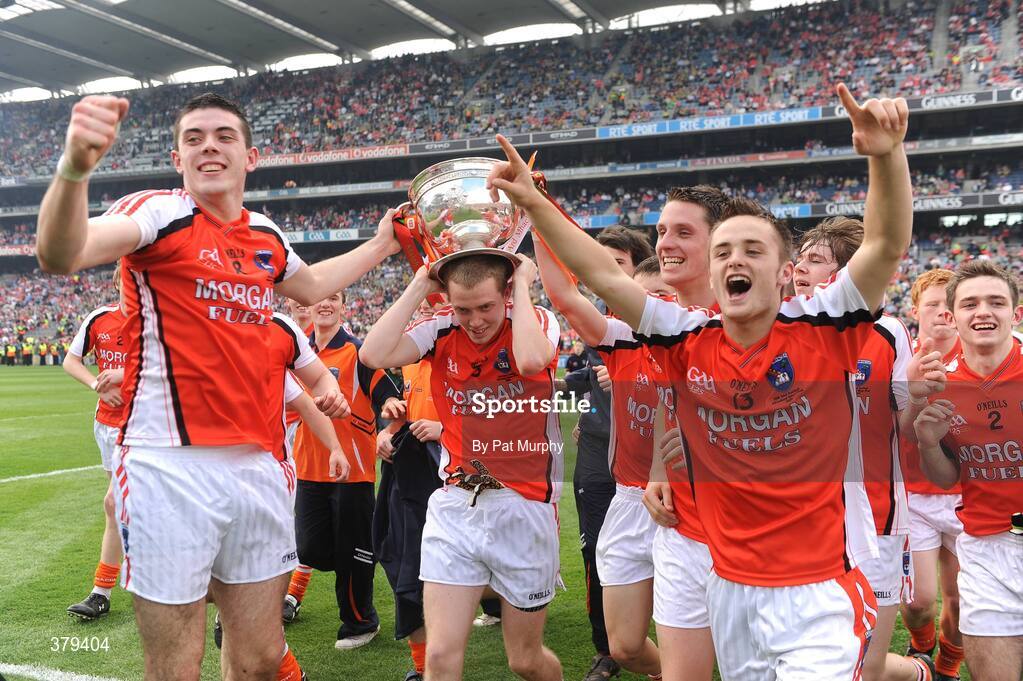 20 September 2009; Armagh players Peter Carragher, left, Ronan Finnegan, centre, and Robbie Tasker, celebrate with the Tom Markham Cup after the game. ESB GAA Football All-Ireland Minor Championship Final, Armagh v Mayo, Croke Park, Dublin. Picture credit: Pat Murphy / SPORTSFILE