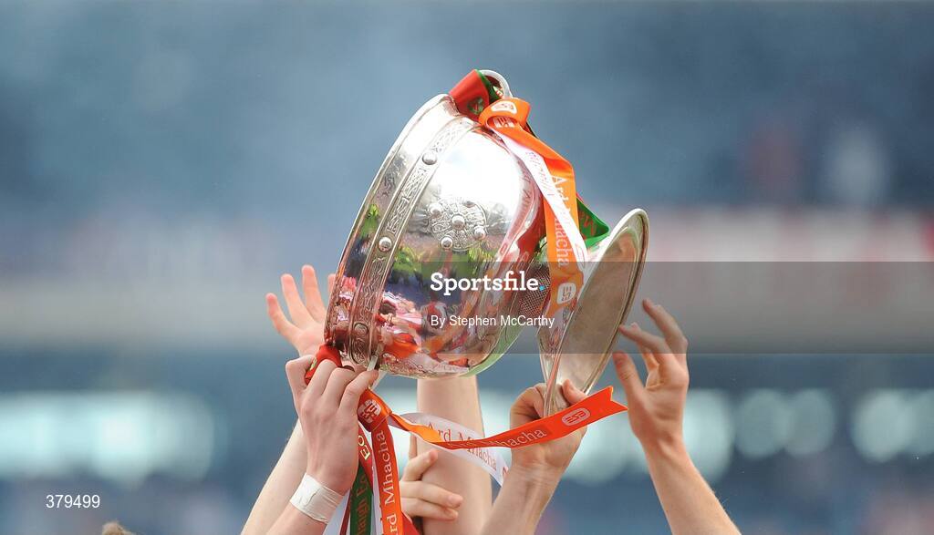 20 September 2009; A general view of the Tom Markam cup being held aloft by Armagh players. ESB GAA Football All-Ireland Minor Championship Final, Armagh v Mayo, Croke Park, Dublin. Picture credit: Stephen McCarthy / SPORTSFILE