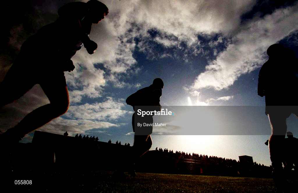 21 January 2001; Dublin players run onto the pitch prior to the O'Byrne Cup Quarter-Final match between Wicklow and Dublin at the County Grounds in Aughrim, Wicklow. Photo by David Maher/Sportsfile