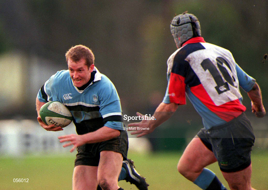 27 January 2001; Pat Duignan of Galwegians is tackled by Niall Malone of Belfast Harlequins during the AIB All-Ireland League Division 1 match between Galwegians RFC and Belfast Harlequins RFC at Crowley Park in Galway. Photo by Matt Browne/Sportsfile