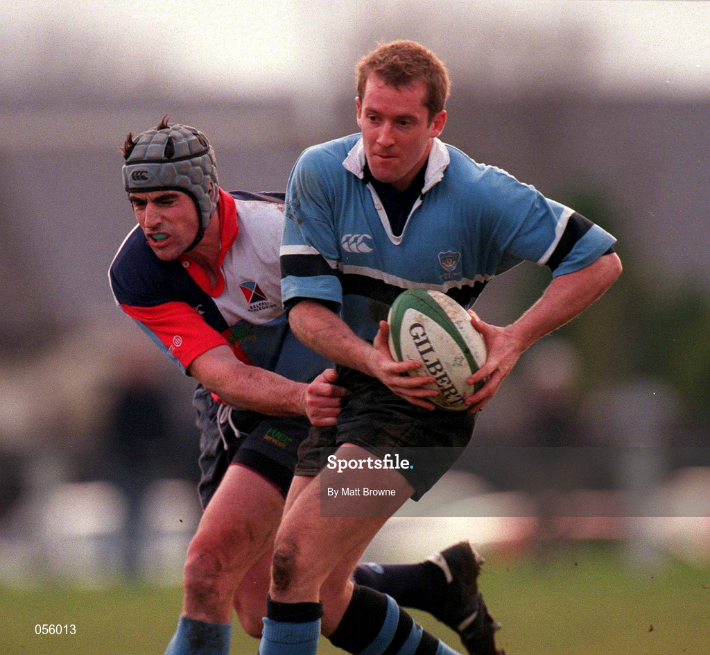27 January 2001; Pat Duignan of Galwegians is tackled by Niall Malone of Belfast Harlequins during the AIB All-Ireland League Division 1 match between Galwegians RFC and Belfast Harlequins RFC at Crowley Park in Galway. Photo by Matt Browne/Sportsfile