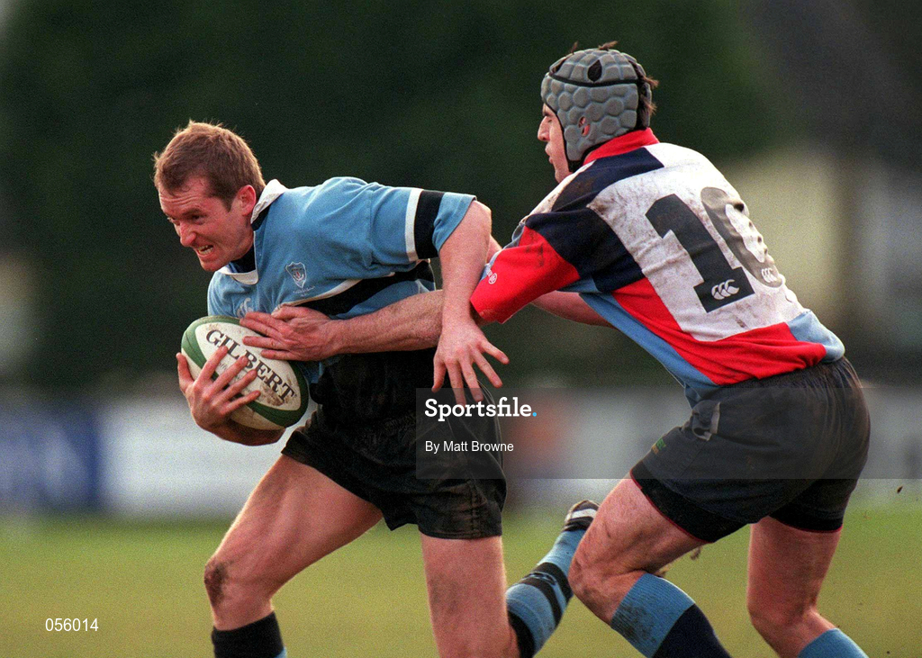 27 January 2001; Pat Duignan of Galwegians is tackled by Niall Malone of Belfast Harlequins during the AIB All-Ireland League Division 1 match between Galwegians RFC and Belfast Harlequins RFC at Crowley Park in Galway. Photo by Matt Browne/Sportsfile