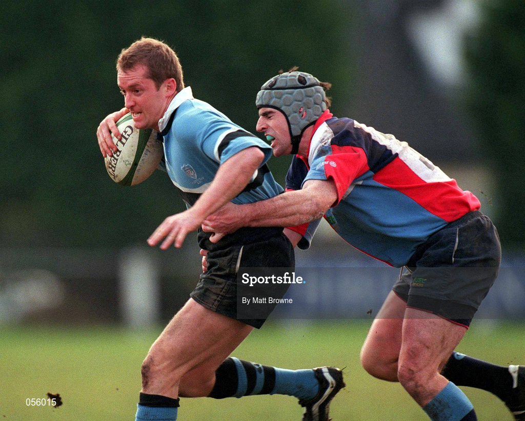 27 January 2001; Pat Duignan of Galwegians is tackled by Niall Malone of Belfast Harlequins during the AIB All-Ireland League Division 1 match between Galwegians RFC and Belfast Harlequins RFC at Crowley Park in Galway. Photo by Matt Browne/Sportsfile
