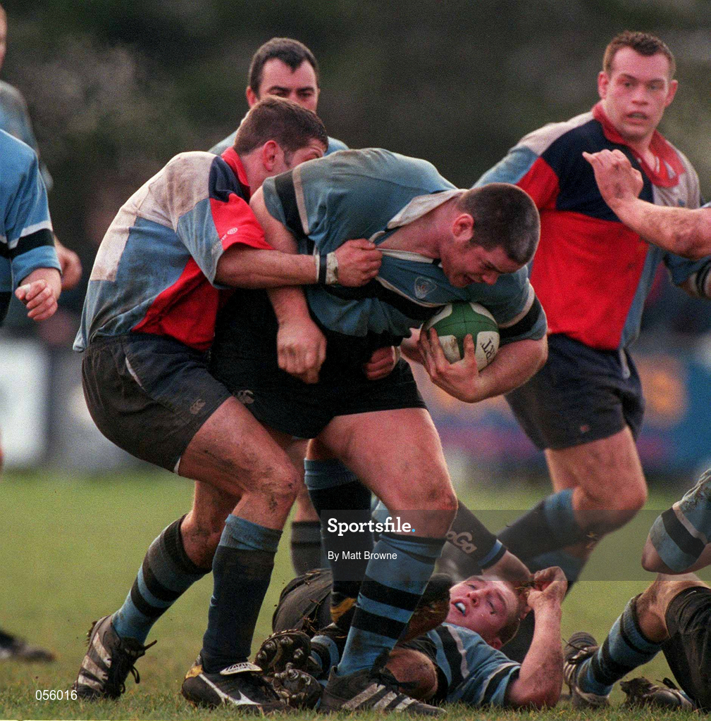 27 January 2001; Peter Bracken of Galwegians is tackled by Chris Galwey of Belfast Harlequins during the AIB All-Ireland League Division 1 match between Galwegians RFC and Belfast Harlequins RFC at Crowley Park in Galway. Photo by Matt Browne/Sportsfile