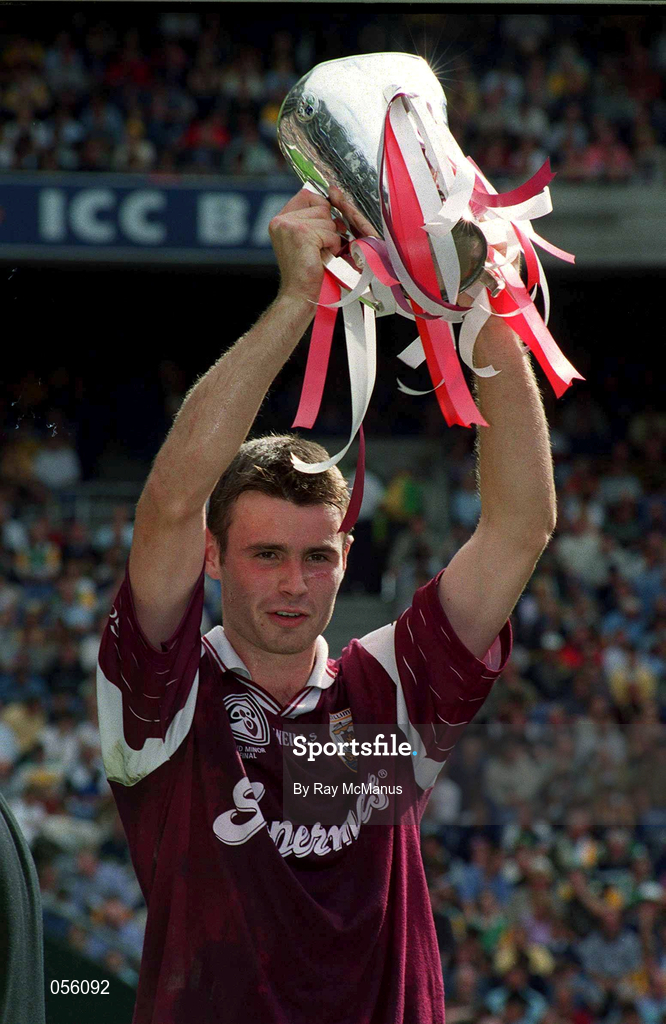 10 September 2000; Galway captain Richard Murray lifts the Irish Press Cup after the All Ireland Minor Hurling Championship Final match between Cork and Galway at Croke Park in Dublin. Photo by Ray McManus/Sportsfile