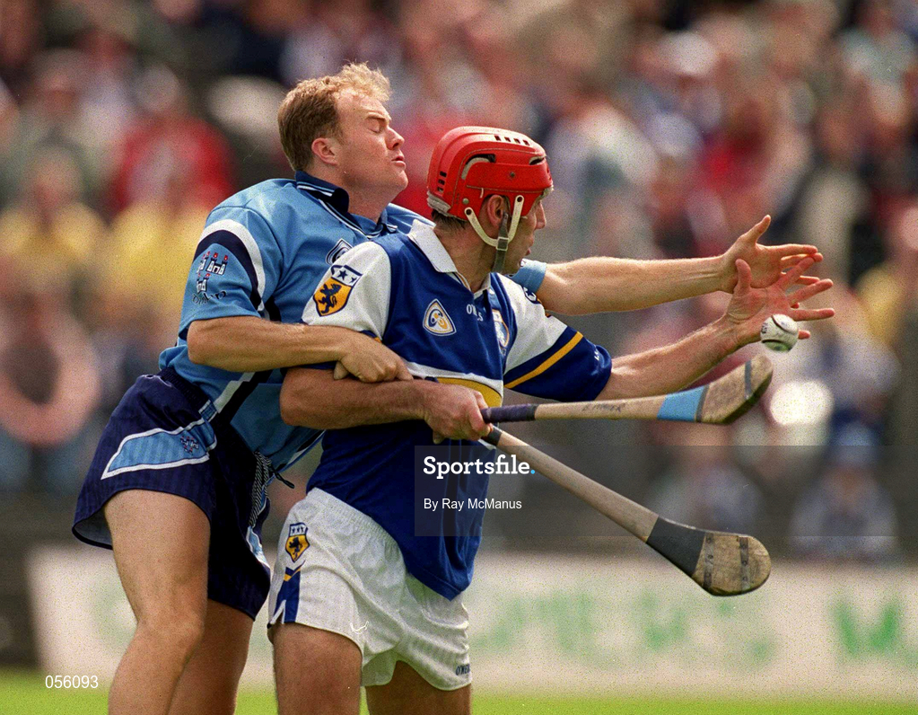5 June 2000; Bill Maher of Laois in action against Derek Cullen of Dublin during the Guinness Leinster Senior Hurling Championship Play-Off replay match between Dublin and Laois at O'Connor Park in Tullamore, Offaly. Photo by Ray McManus/Sportsfile