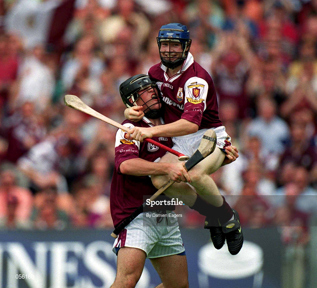 13 August 2000; David Greene of Galway, left, celebrates with team-mate Damien Hayes after scoring their side's goal during the All-Ireland Minor Hurling Championship Semi-Final match between Galway and Offaly at Croke Park in Dublin. Photo by Damien Eagers/Sportsfile