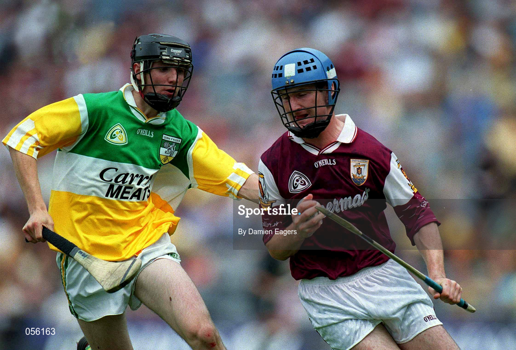 13 August 2000; Niall Corcoran of Galway in action against Kevin Kelly of Offaly during the All-Ireland Minor Hurling Championship Semi-Final match between Galway and Offaly at Croke Park in Dublin. Photo by Damien Eagers/Sportsfile