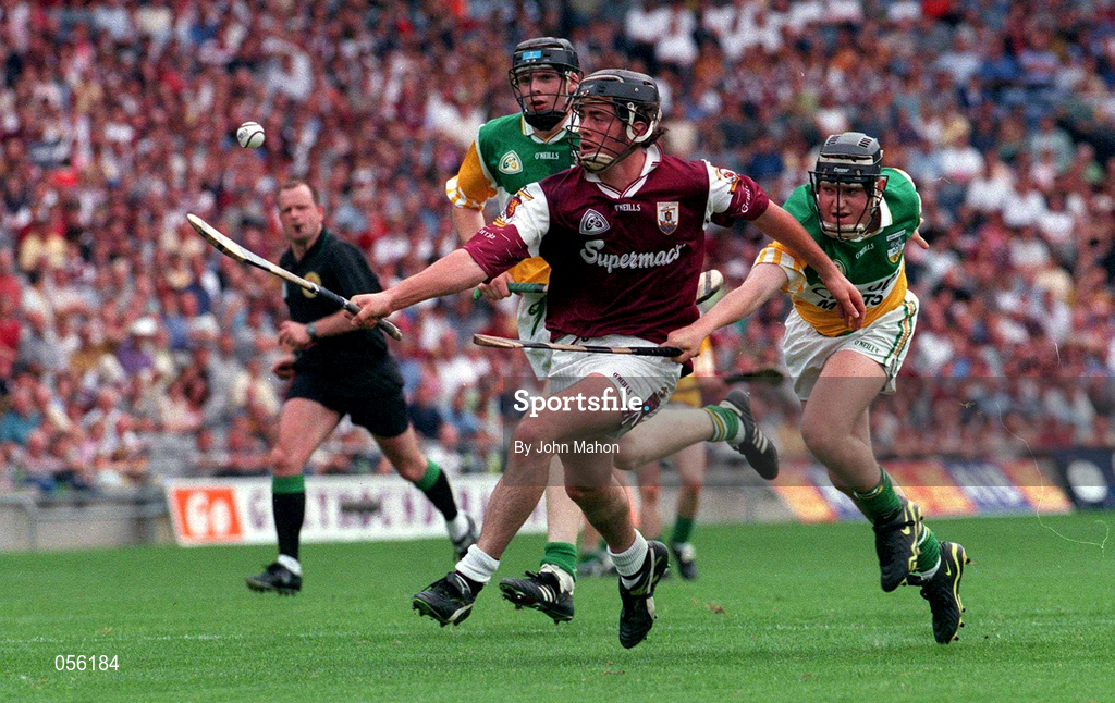 13 August 2000; Peter Garvey of Galway in action against Adrian Clancy of Offaly during the All-Ireland Minor Hurling Championship Semi-Final match between Galway and Offaly at Croke Park in Dublin. Photo by John Mahon/Sportsfile