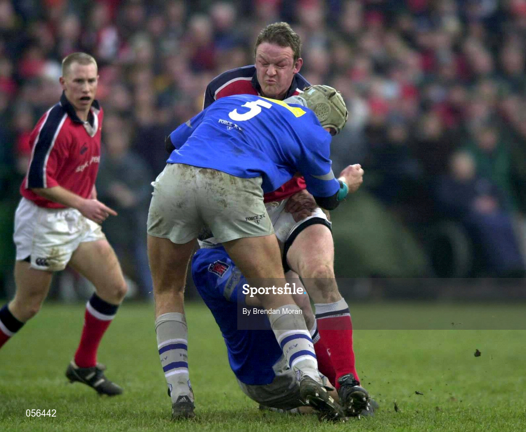20 January 2001; Mick Galwey of Munster is tackled by Jeremy Davidson of Castres during the Heineken Cup Pool 4 Round 6 match between Munster and Castres at Musgrave Park in Cork Photo by Brendan Moran/Sportsfile