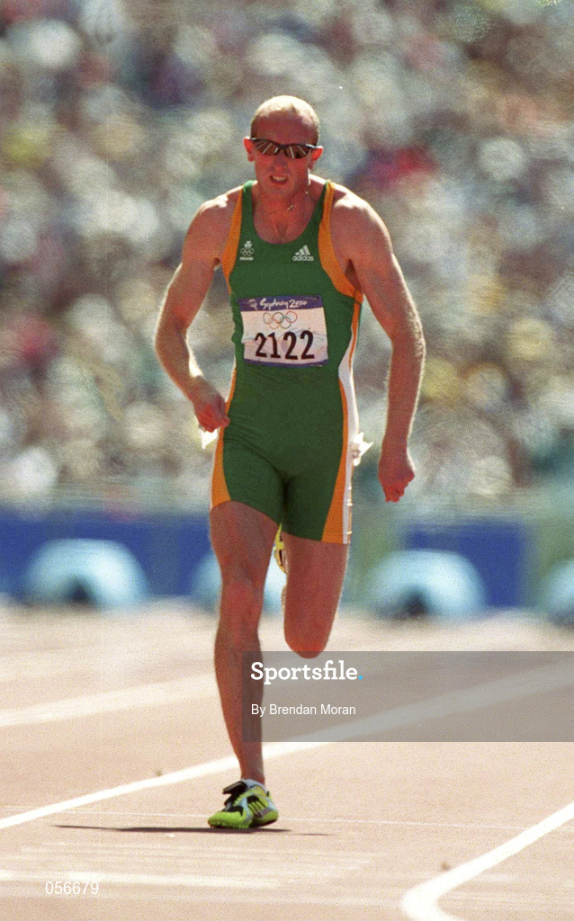22 September 2000; Paul Brizzel of Ireland during his heat of the Men's 100m at Stadium Australia in Sydney Olympic Park in Sydney, Australia. Photo by Brendan Moran/Sportsfile