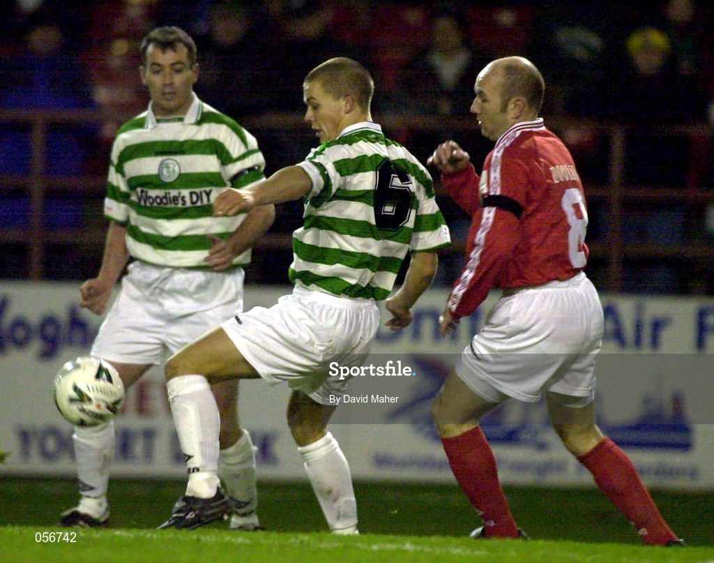 27 December 2000; Shane Robinson of Shamrock Rovers in action against Paul Doolin of Shelbourne during the Eircom League Premier Division match between Shelbourne and Shamrock Rovers at Tolka Park in Dublin. Photo by David Maher/Sportsfile