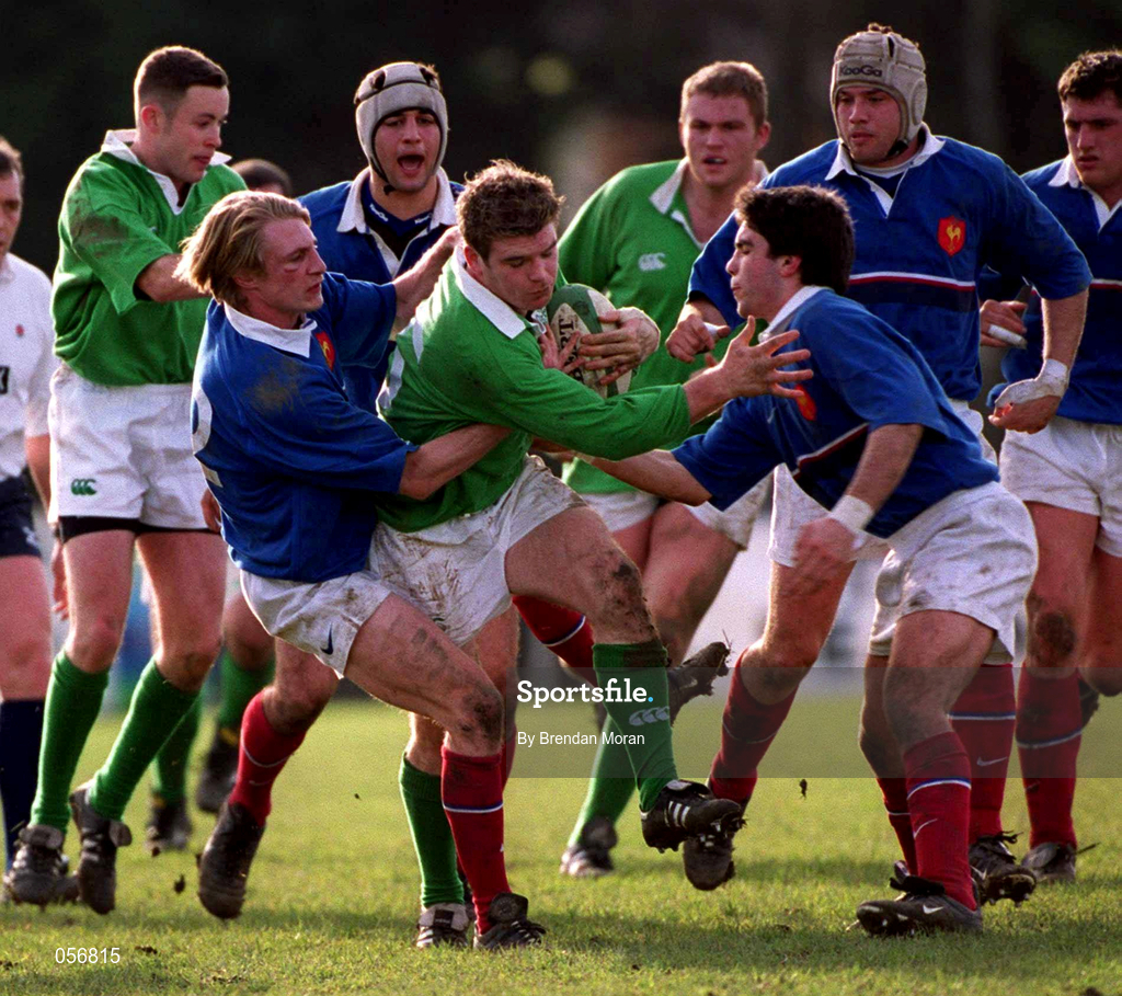 16 February 2001; Gordon D'Arcy of Ireland is tackled by Cedric Savignat, left, and Dimitri Yachvili of France during the U21 Rugby International match between Ireland and France at Templeville Road in Dublin. Photo by Brendan Moran/Sportsfile
